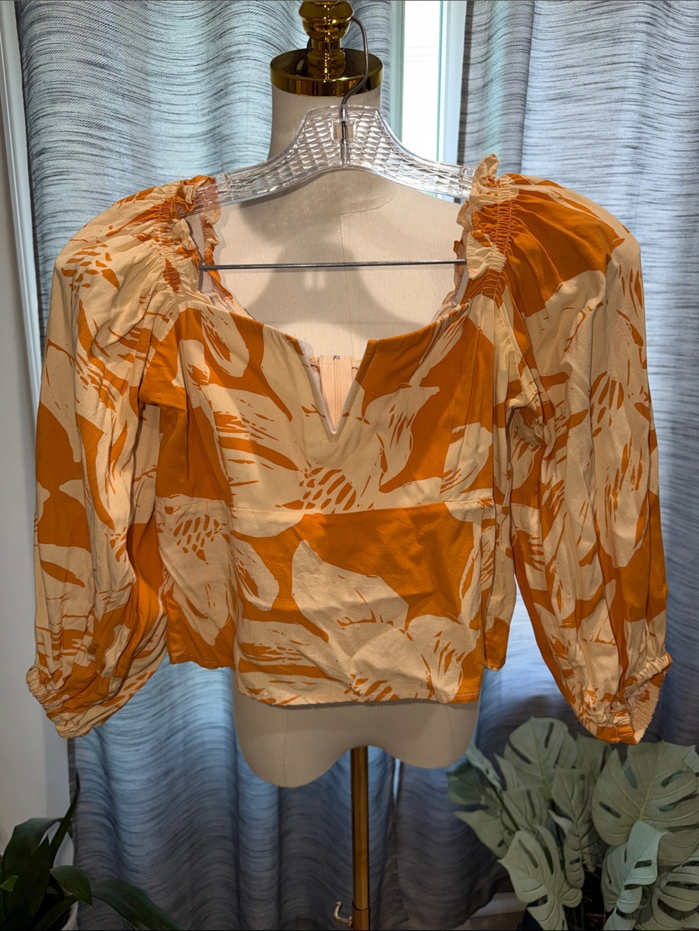 Orange and Cream Floral Puff-Sleeve Women’s Top